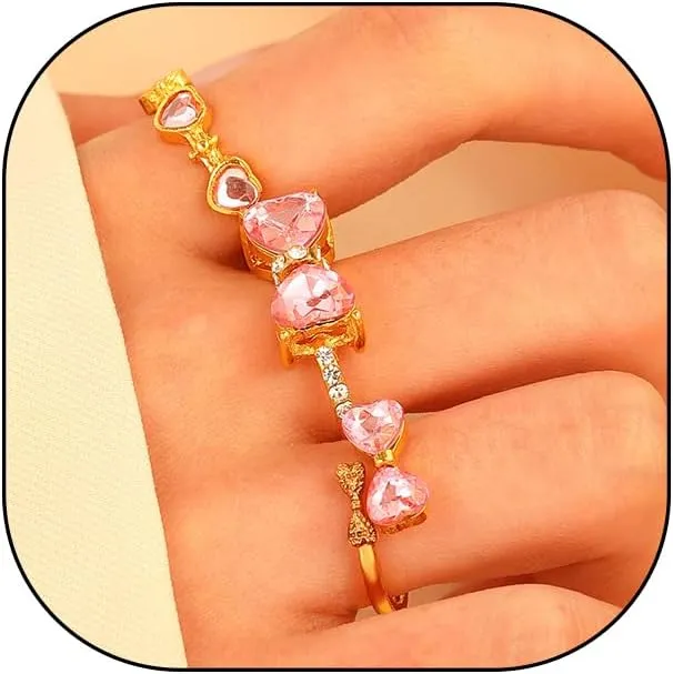 3Pcs Stackable Rhinestone Statement Rings Set for Women,Sparkling Crystal Open Rings Heart Midi Rings Party Prom 14K Gold Adjustable Finger Rings