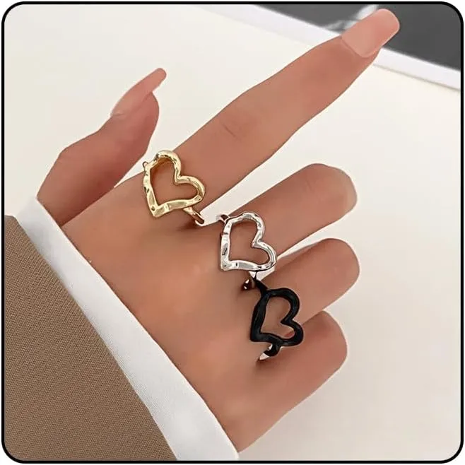 3Pcs Stacked Hammered Heart Statement Rings Set for Women, Simple 14K Gold Hollow Heart Midi Knuckle Rings Fashion Stacking Non Tarnish Jewelry Set