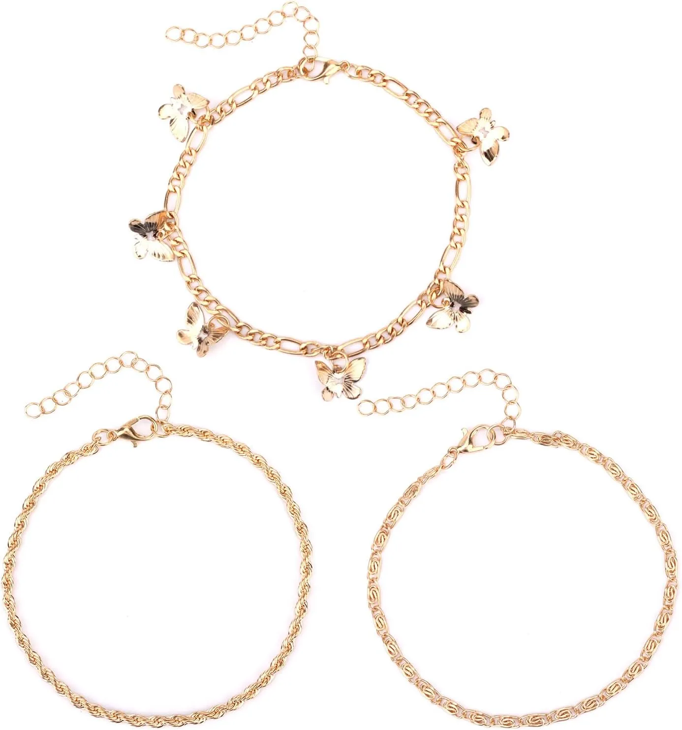 3pcs Women's Anklets, Alloy Waterproof Ankle Bracelets for Women Butterfly Pendant Gold Anklet Ankle Bracelets Set Foot Jewelry for Women