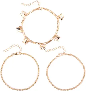 3pcs Women's Anklets, Alloy Waterproof Ankle Bracelets for Women Butterfly Pendant Gold Anklet Ankle Bracelets Set Foot Jewelry for Women