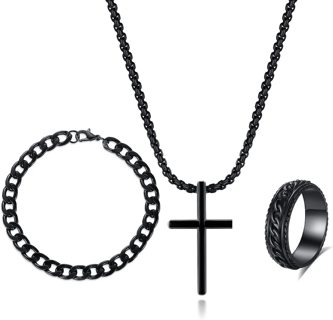 3Pieces Black Cross Link Chain Necklace Bracelet Ring Jewelry Set for Women Unisex Chunky Pendant Necklaces Hip Hop Punk Goth Streetwear Accessory