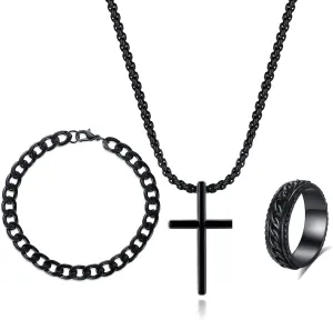 3Pieces Black Cross Link Chain Necklace Bracelet Ring Jewelry Set for Women Unisex Chunky Pendant Necklaces Hip Hop Punk Goth Streetwear Accessory