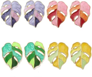 4Pcs Enamel Monstera Leaf Stud Earrings Fashion Bohemian Alloy Earrings Charms Accessories Purple Yellow Green Pink