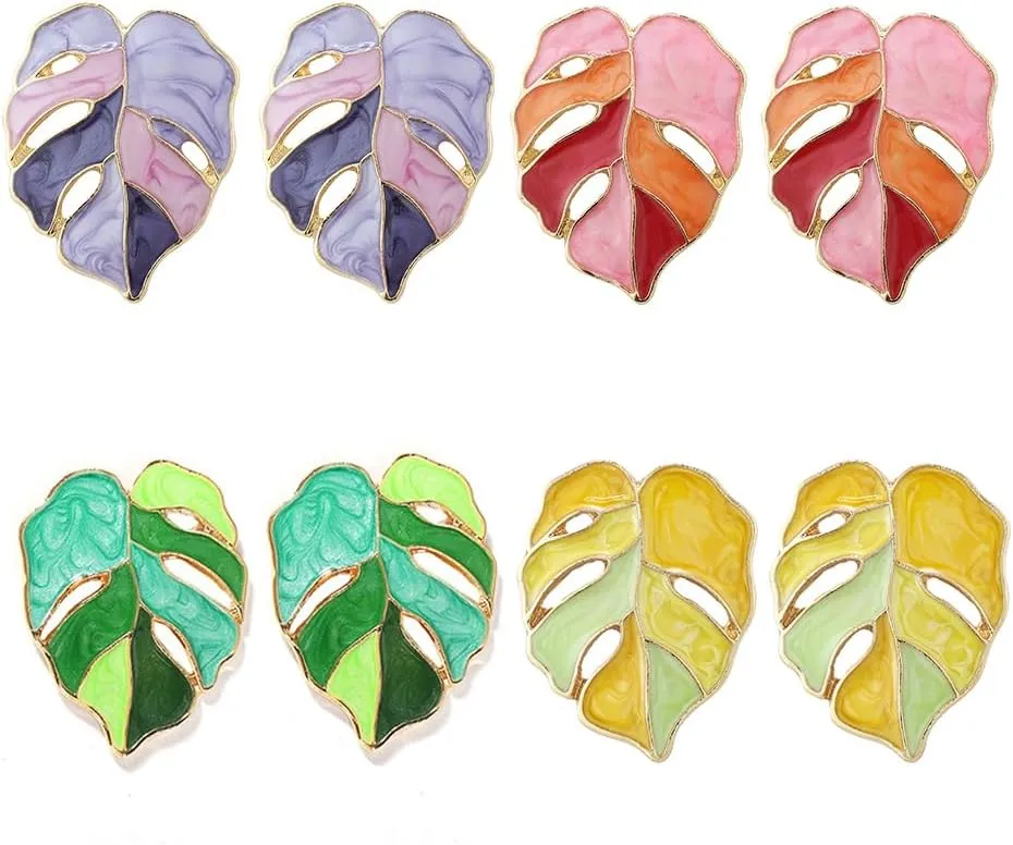 4Pcs Enamel Monstera Leaf Stud Earrings Fashion Bohemian Alloy Earrings Charms Accessories Purple Yellow Green Pink