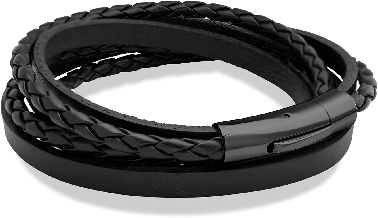 555Jewelry Stainless Steel Braided Wrap Layered Leather Cord Magnetic Bracelet