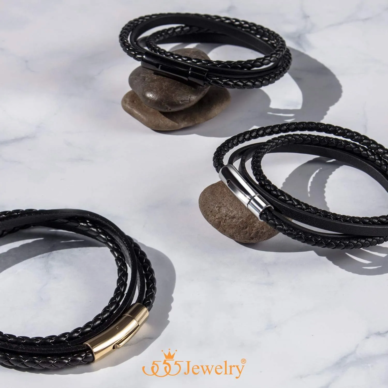 555Jewelry Stainless Steel Braided Wrap Layered Leather Cord Magnetic Bracelet