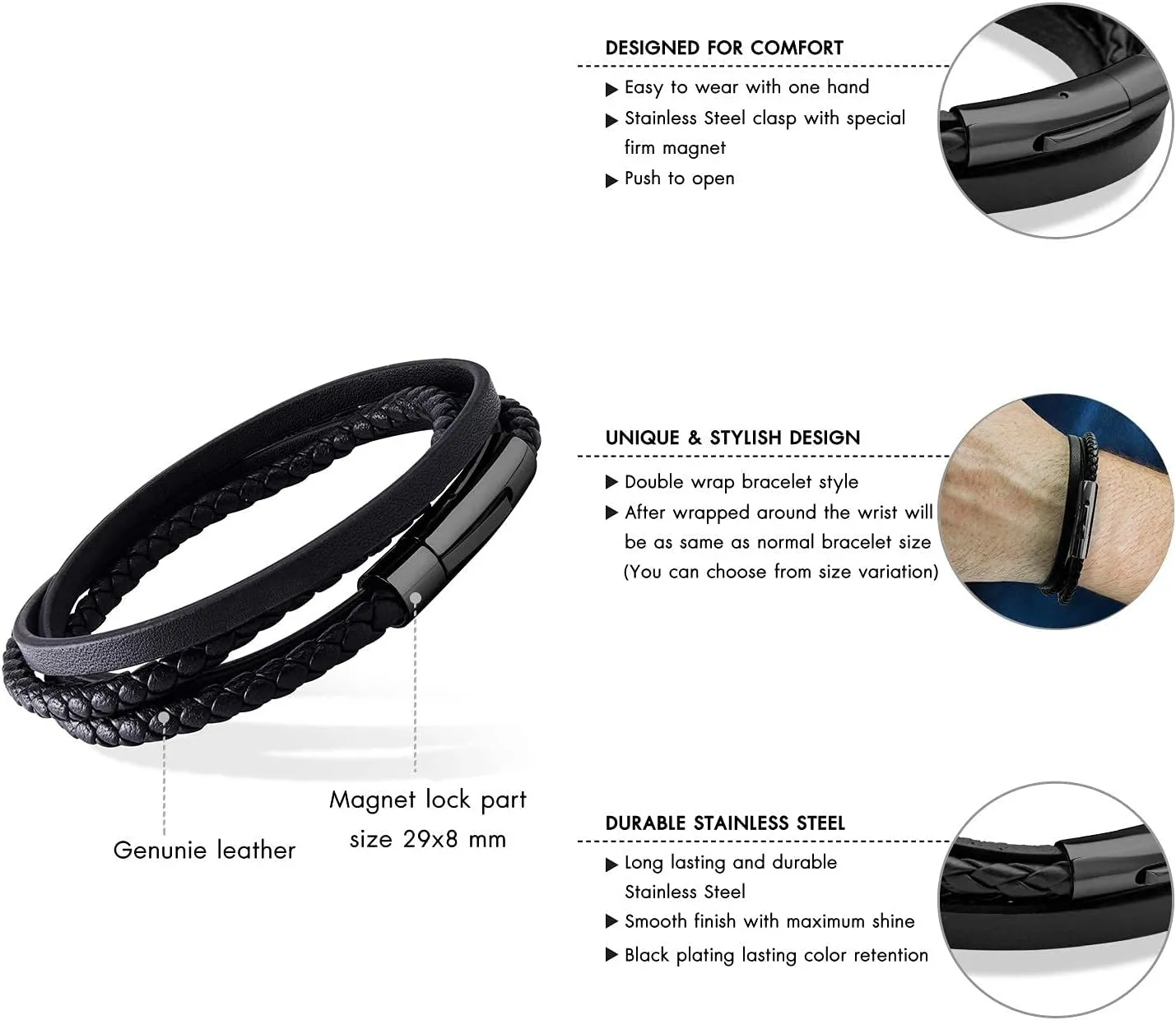 555Jewelry Stainless Steel Braided Wrap Layered Leather Cord Magnetic Bracelet