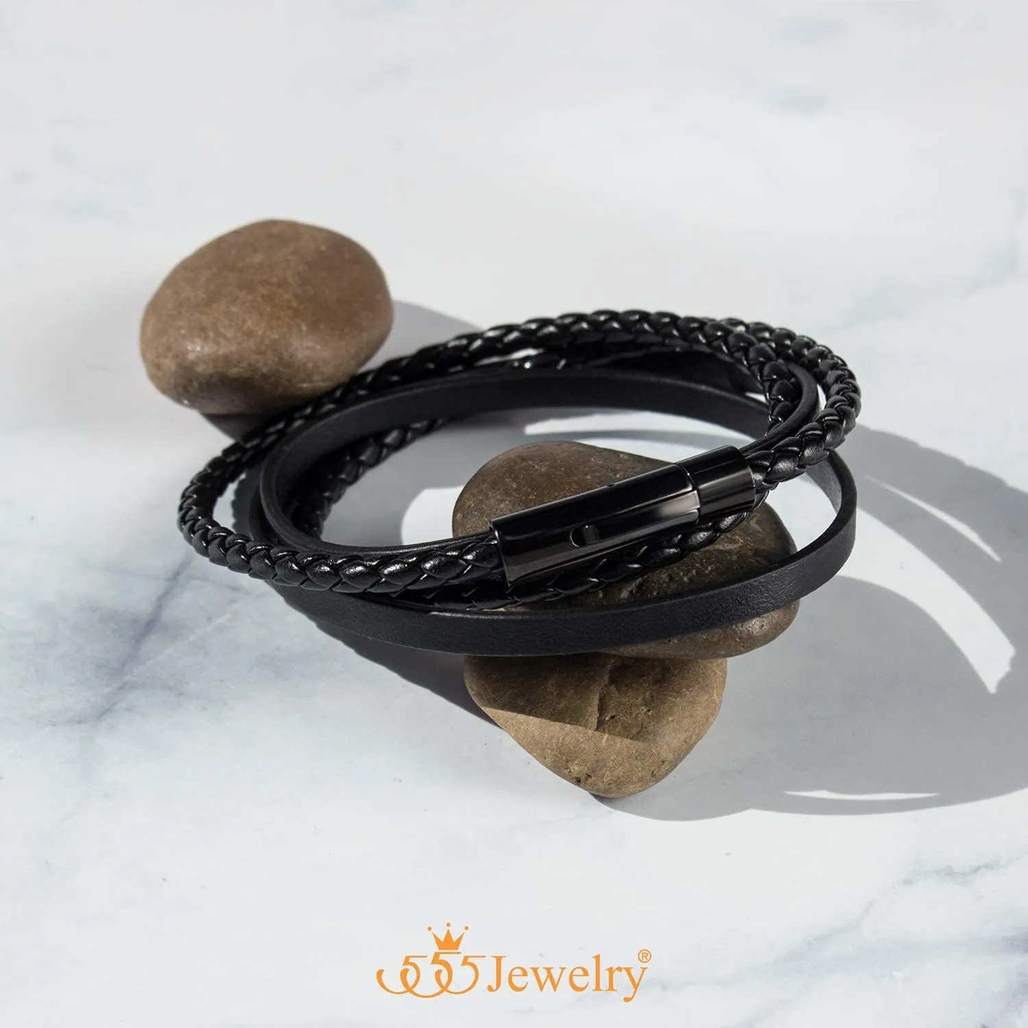 555Jewelry Stainless Steel Braided Wrap Layered Leather Cord Magnetic Bracelet