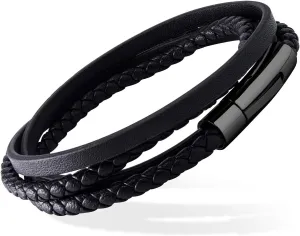 555Jewelry Stainless Steel Braided Wrap Layered Leather Cord Magnetic Bracelet