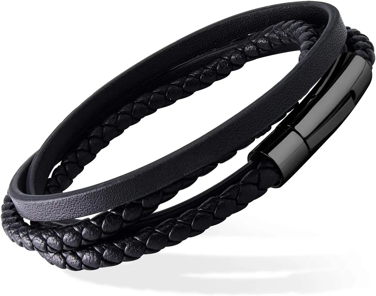 555Jewelry Stainless Steel Braided Wrap Layered Leather Cord Magnetic Bracelet