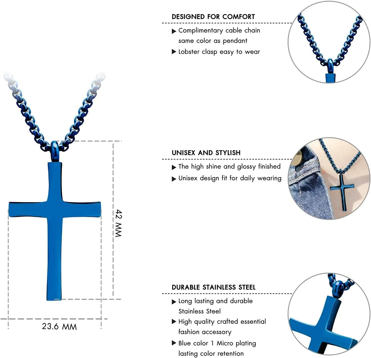 555Jewelry Stainless Steel Cross Adjustable Rolo Chain Pendant Necklace 16-28'' Inches