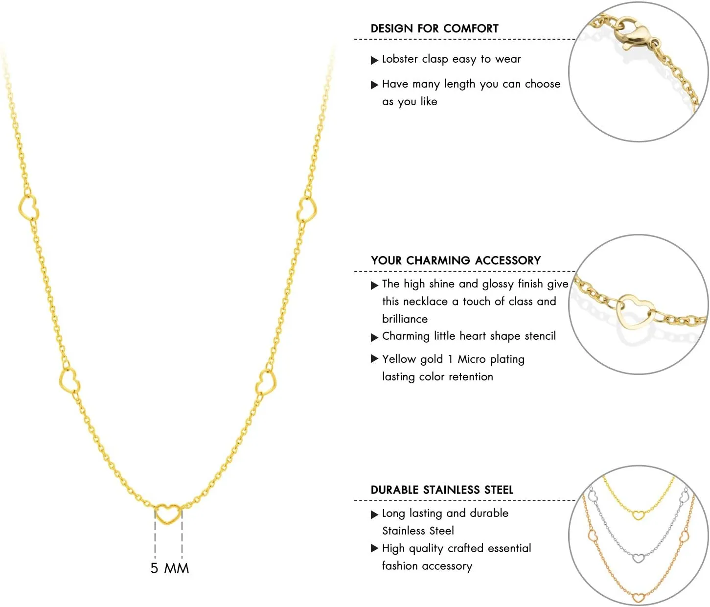 555Jewelry Womens Stainless Steel Mini Multi Heart Love Dainty Chain Necklace