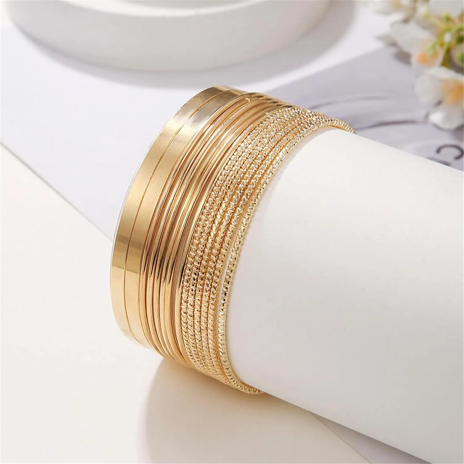 9-12Pcs Bohemian Indian Chunky Stackable Textured Bangle Bracelet Set Multilayer Boho Cable Rhinestone Bead Bracelet for Women Friend Vintage African Wedding Jewelry Birthday Gift
