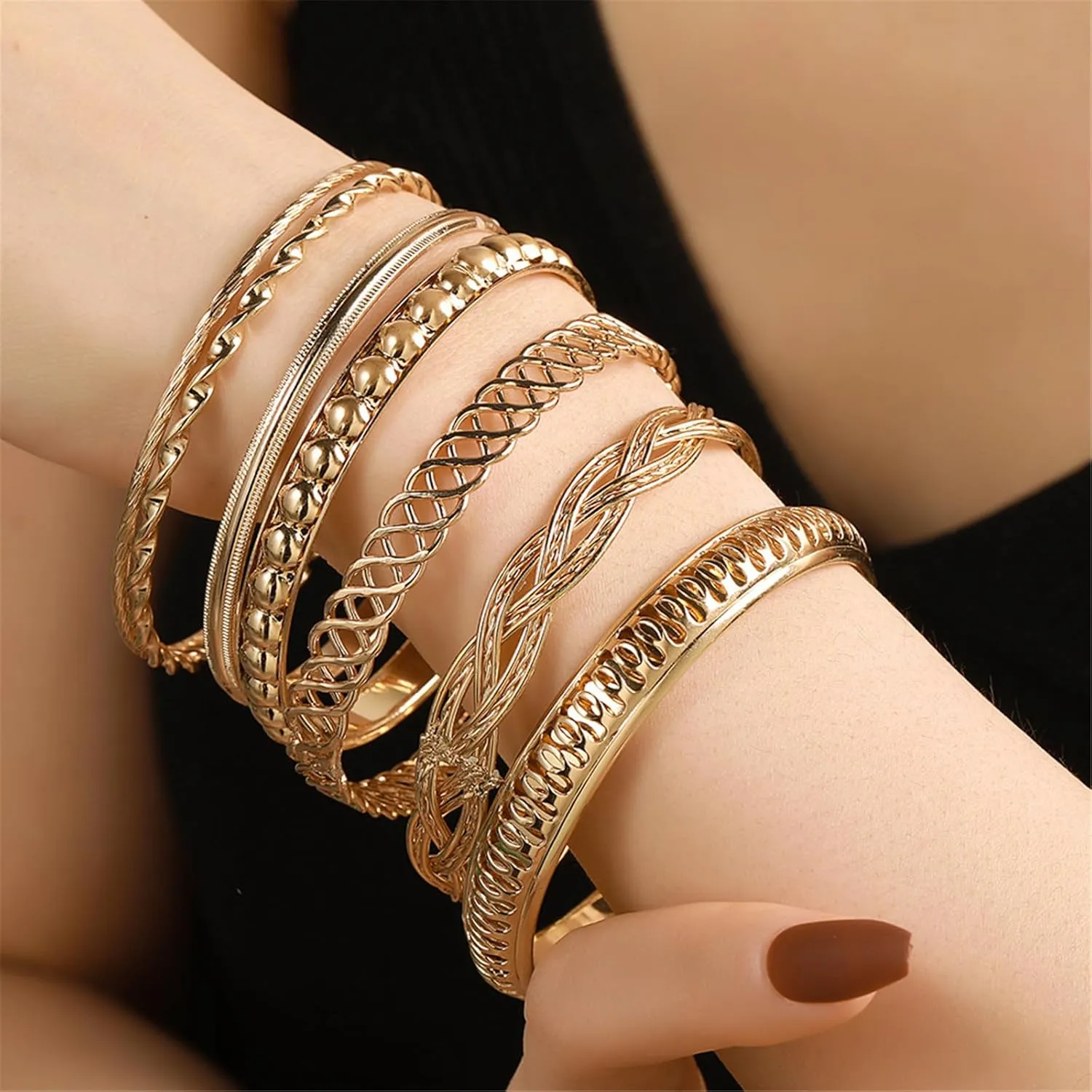 9-12Pcs Bohemian Indian Chunky Stackable Textured Bangle Bracelet Set Multilayer Boho Cable Rhinestone Bead Bracelet for Women Friend Vintage African Wedding Jewelry Birthday Gift