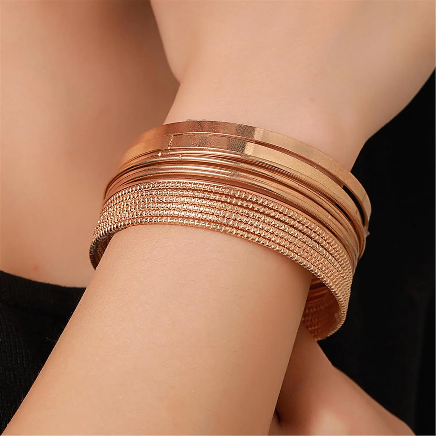 9-12Pcs Bohemian Indian Chunky Stackable Textured Bangle Bracelet Set Multilayer Boho Cable Rhinestone Bead Bracelet for Women Friend Vintage African Wedding Jewelry Birthday Gift