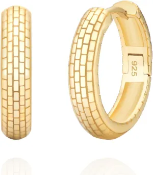 925 Sterling Silver 14K Gold Plated 25mm Heirloom Chunky Huggie Hoop Earrings