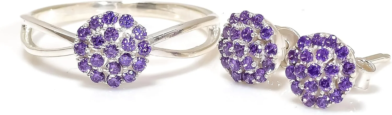 925 Sterling Silver Amethyst Gemstone Ring Earring Jewelry Set | Stackable Stacking Flower Rings for Woman | Stacked Stud Earrings for Woman