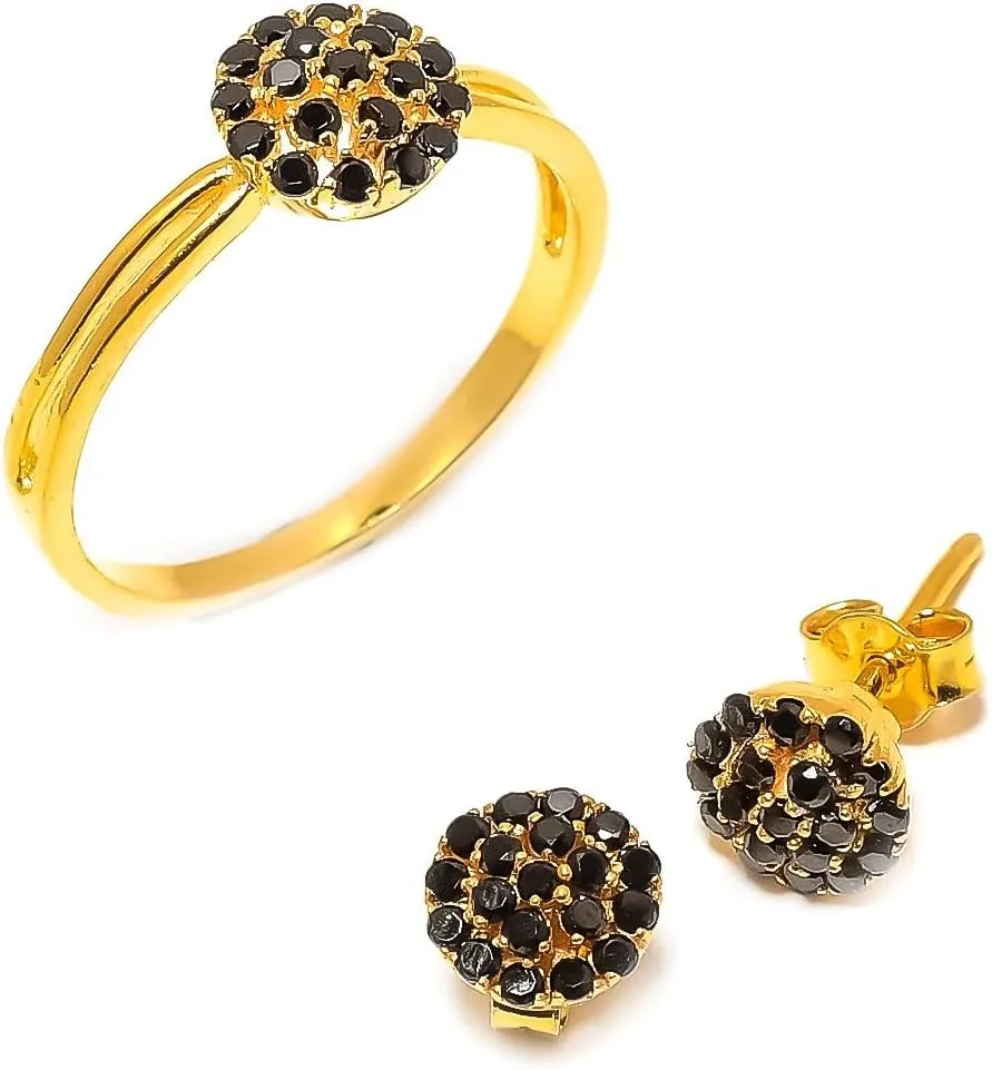 925 Sterling Silver Black Spinel Gemstone Ring Earring Jewelry Set | Stackable Stacking Flower Rings for Woman | Stacked Stud Earrings for Woman