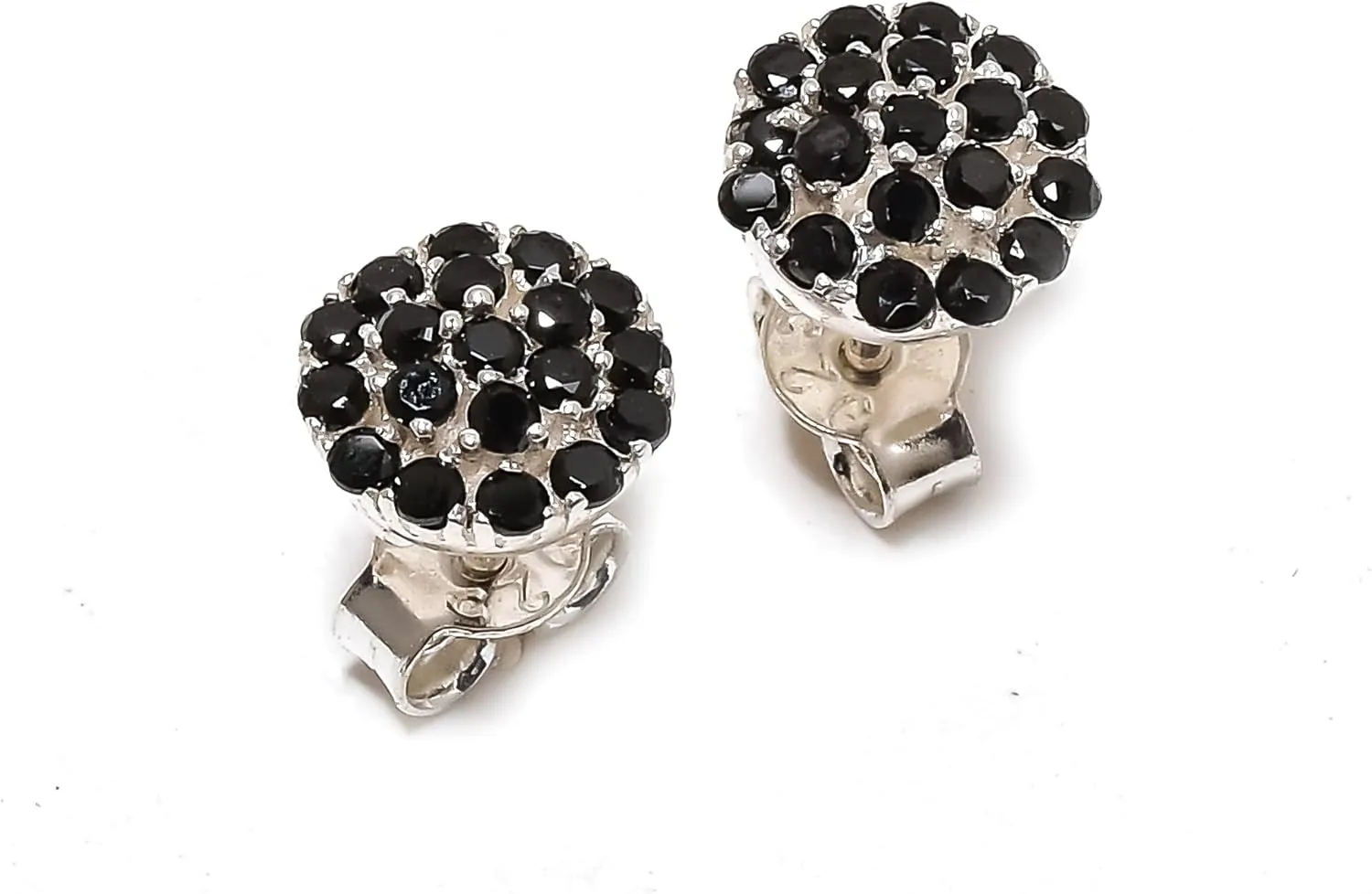 925 Sterling Silver Black Spinel Gemstone Ring Earring Jewelry Set | Stackable Stacking Flower Rings for Woman | Stacked Stud Earrings for Woman