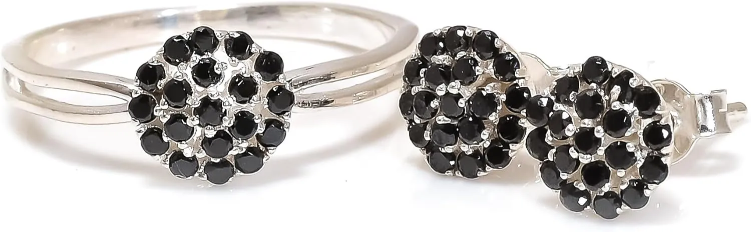 925 Sterling Silver Black Spinel Gemstone Ring Earring Jewelry Set | Stackable Stacking Flower Rings for Woman | Stacked Stud Earrings for Woman