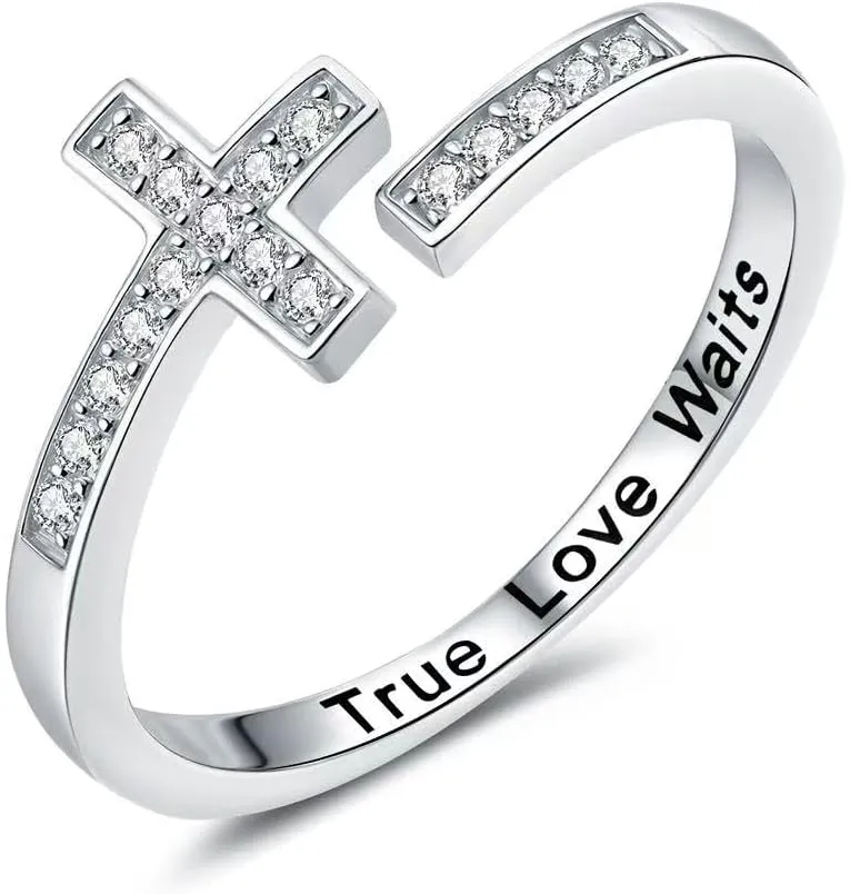 925 Sterling Silver Cross Ring  Adjustable Christian Ring for Women Engraved True Love Waits, Minimalist Religious Faith Jewelry, Size 7-9