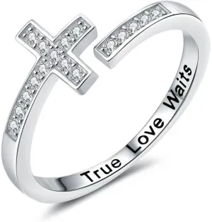 925 Sterling Silver Cross Ring  Adjustable Christian Ring for Women Engraved True Love Waits, Minimalist Religious Faith Jewelry, Size 7-9