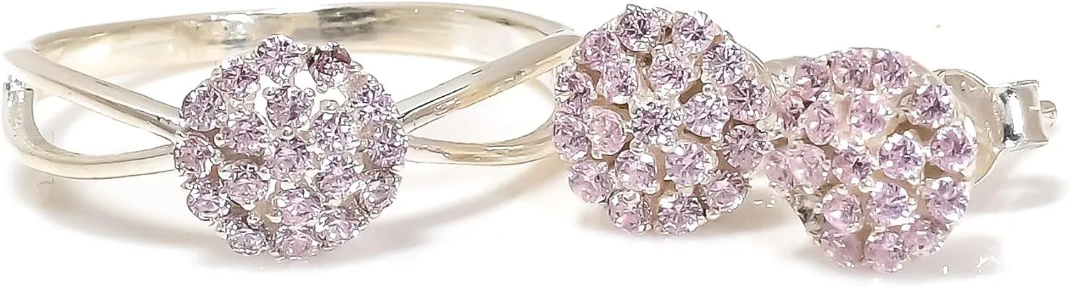 925 Sterling Silver Morganite Gemstone Ring Earring Jewelry Set | Stackable Stacking Flower Rings for Woman | Stacked Stud Earrings for Woman