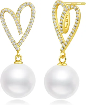 925 Sterling Silver Pearl Earrings for Women - 18K Gold Plated Dangle Drop Earring with Heart Cubic Zirconia Elegant Dainty Jewelry Gifts for Her Birthday Mother's Day Wedding