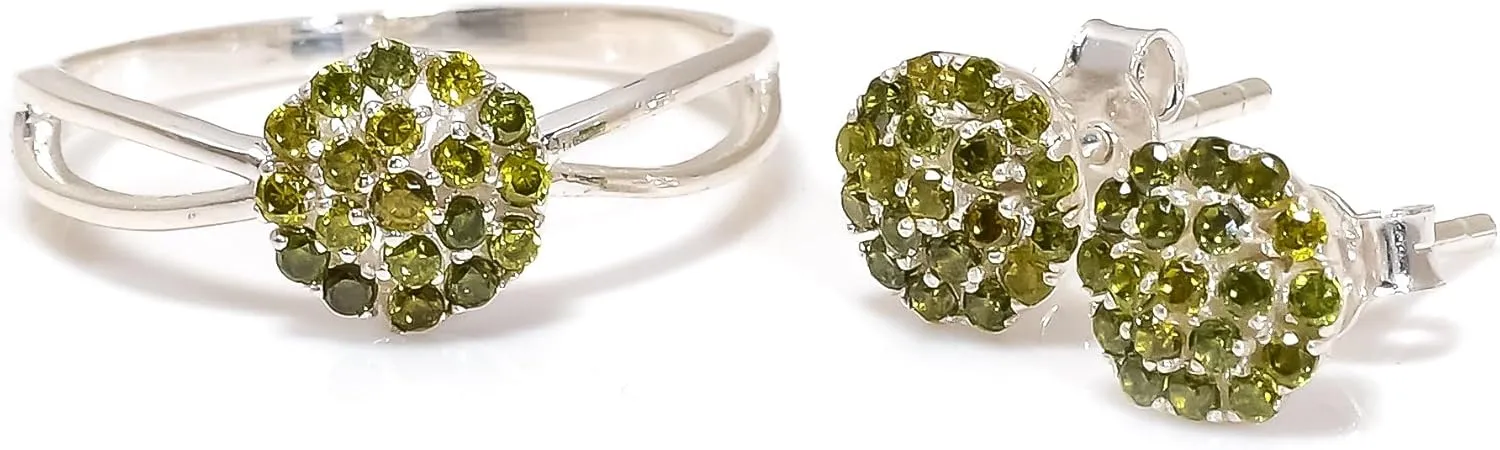 925 Sterling Silver Peridot Gemstone Ring Earring Jewelry Set | Stackable Stacking Flower Rings for Woman | Stacked Stud Earrings for Woman