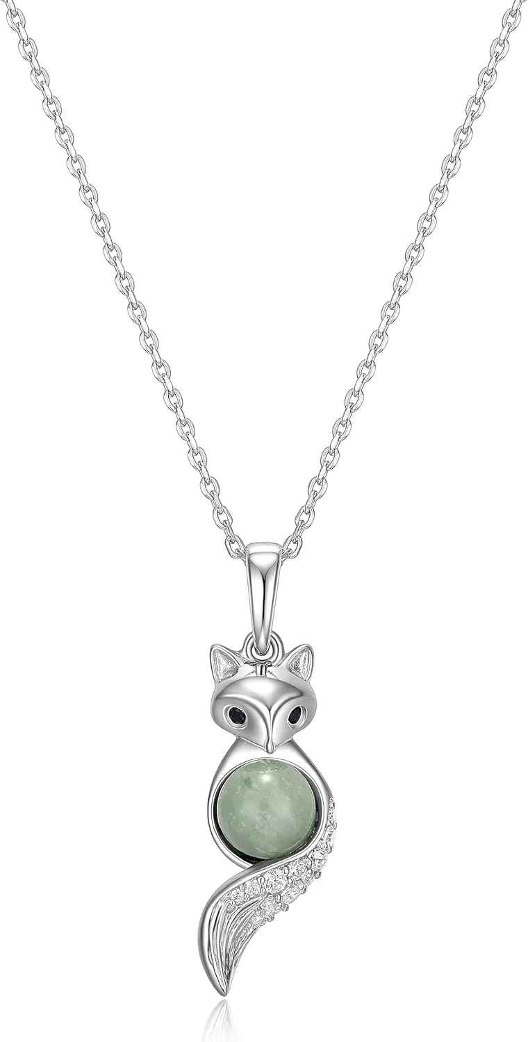 .925 Sterling Silver Rhodium or 18K Gold Plated Genuine Jade Pendant Necklaces for Women - Animal Design with Sparkling Gemstones Accents, Hypoallergenic Sterling Silver Necklace 18 inch