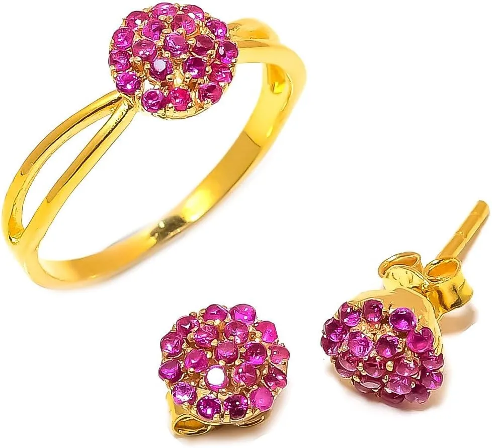 925 Sterling Silver Ruby Gemstone Ring Earring Jewelry Set | Stackable Stacking Flower Rings for Woman | Stacked Stud Earrings for Woman