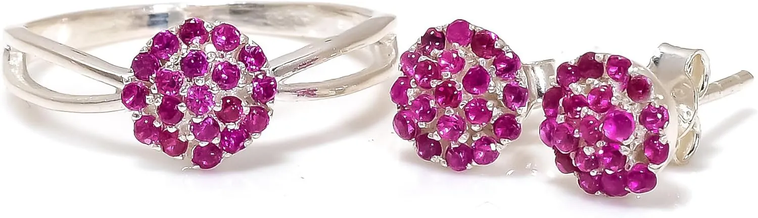 925 Sterling Silver Ruby Gemstone Ring Earring Jewelry Set | Stackable Stacking Flower Rings for Woman | Stacked Stud Earrings for Woman
