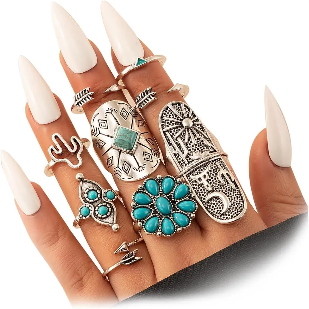 9Pcs Westrn Boho Knuckle Rings Set for Women Chunky Stackable Turquoise Joint Finger Rings Pack Vintage Natural Stone Midi Stacked Hand Jewelry Set