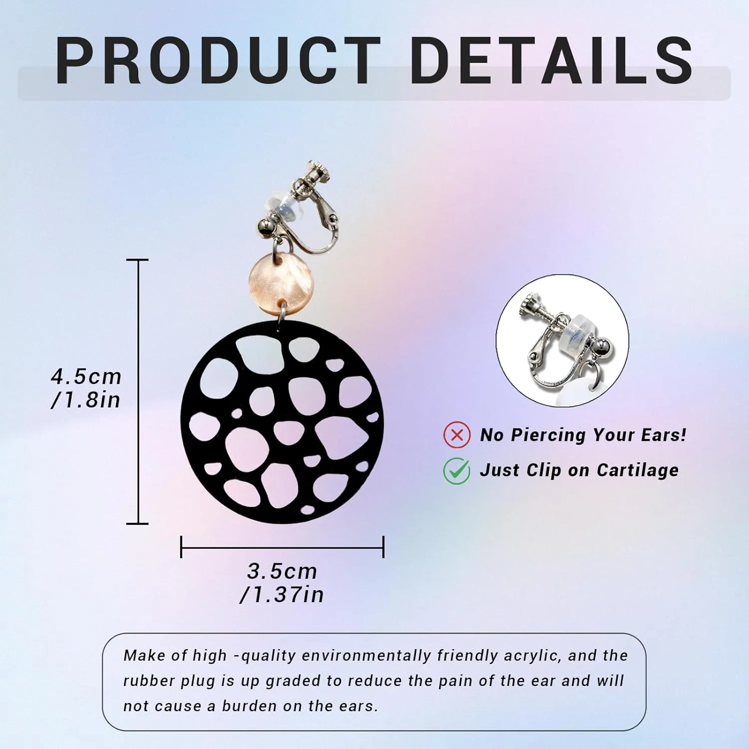 Acrylic Clip On Earrings for Women, Regular Lightweight Colorful Clip On Drop Earrings Non Piercing Jewelry Birthday Christmas Valentine's Day Gift
