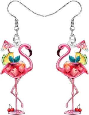 Acrylic Cute Hawaii Tropical Pink Flamingo Dangle Earrings Funny Cocktail Goblet Margarita Summer Jewelry Bird Gifts for Women Bird Lovers Beach Vacation Accessories