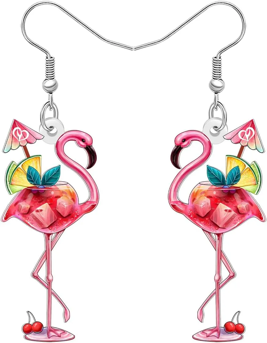 Acrylic Cute Hawaii Tropical Pink Flamingo Dangle Earrings Funny Cocktail Goblet Margarita Summer Jewelry Bird Gifts for Women Bird Lovers Beach Vacation Accessories
