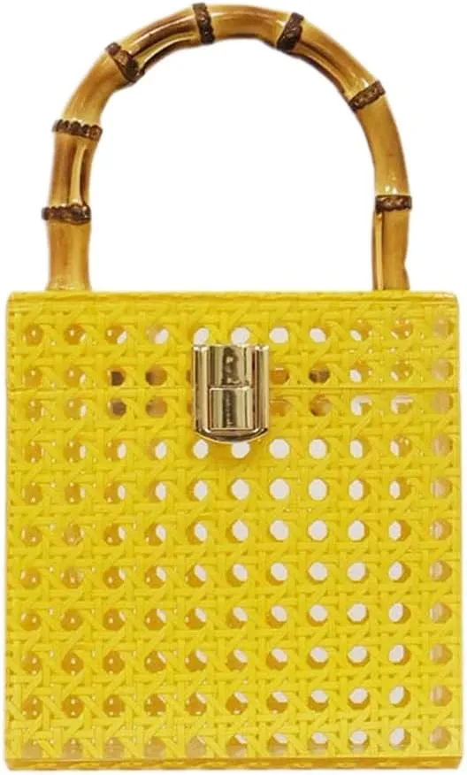 Acrylic Rattan Clutch Purse for Women Woven Evening Bag Square Box Top Handle Handbag Summer Beach Purse