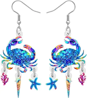 Acrylic Tropical Cute Starfish with Crab Dangle Designer Earrings Funny Sea Animals Dangling Summer Jewelry for Women Vacation Beach Gifts Accessories