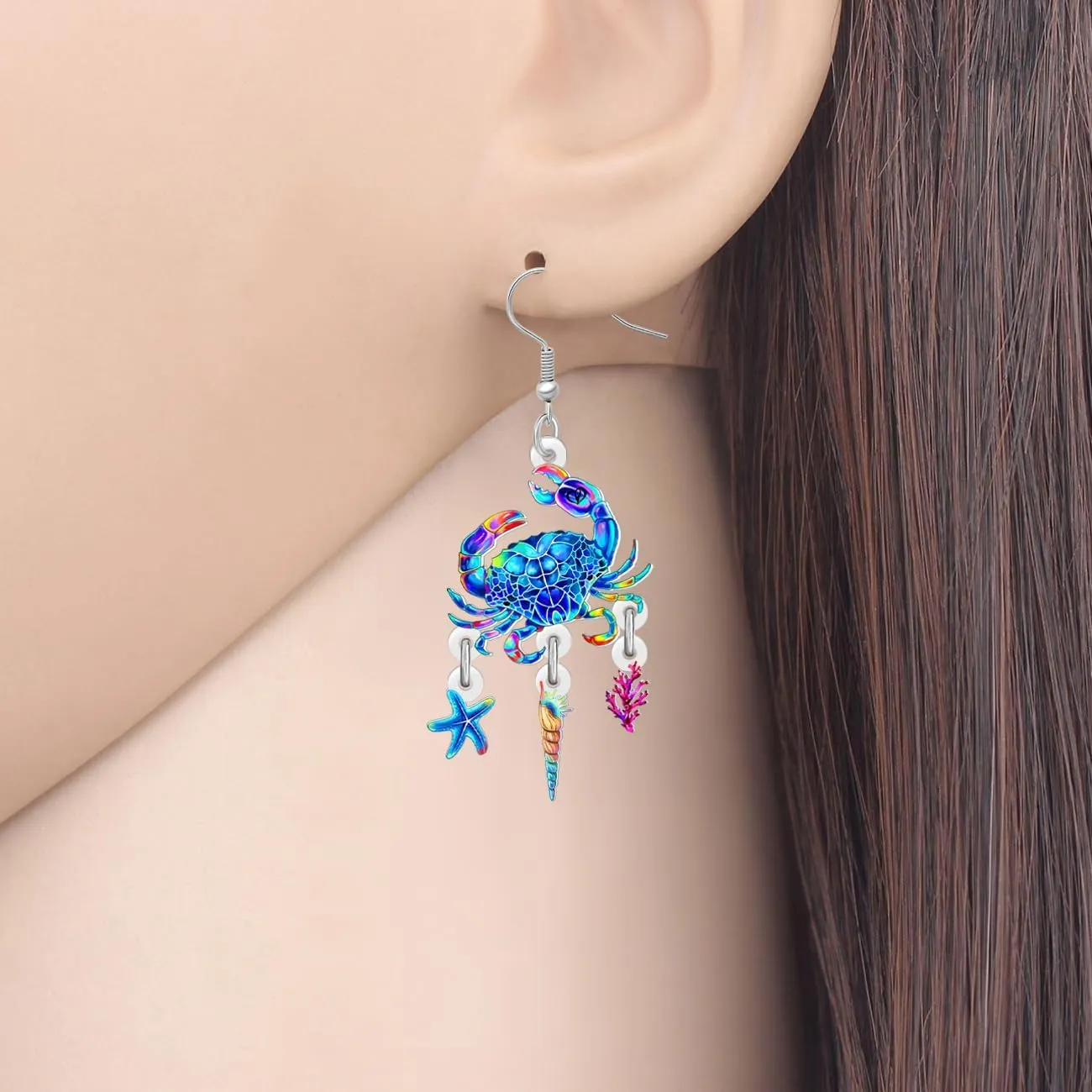 Acrylic Tropical Cute Starfish with Crab Dangle Designer Earrings Funny Sea Animals Dangling Summer Jewelry for Women Vacation Beach Gifts Accessories