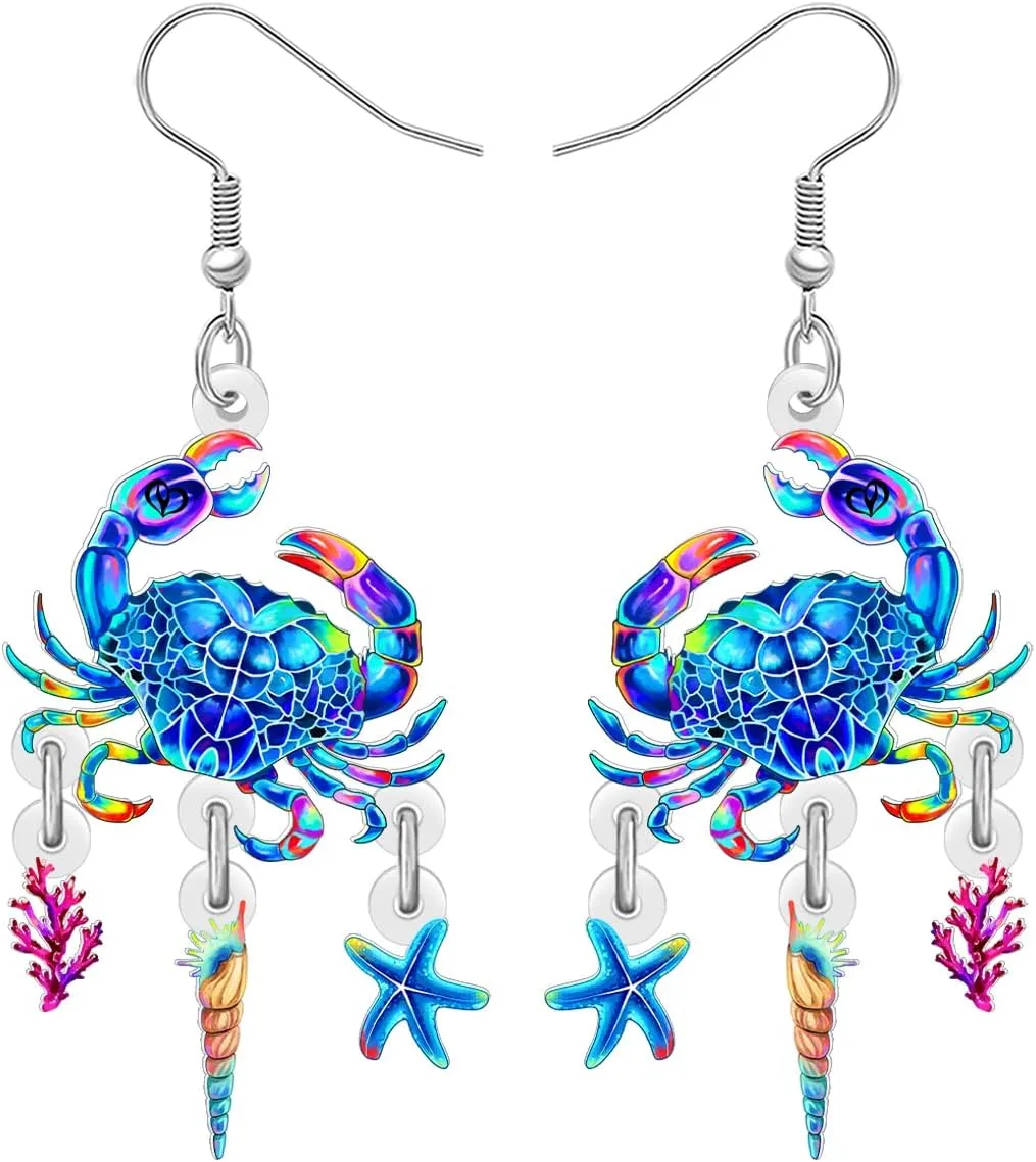 Acrylic Tropical Cute Starfish with Crab Dangle Designer Earrings Funny Sea Animals Dangling Summer Jewelry for Women Vacation Beach Gifts Accessories