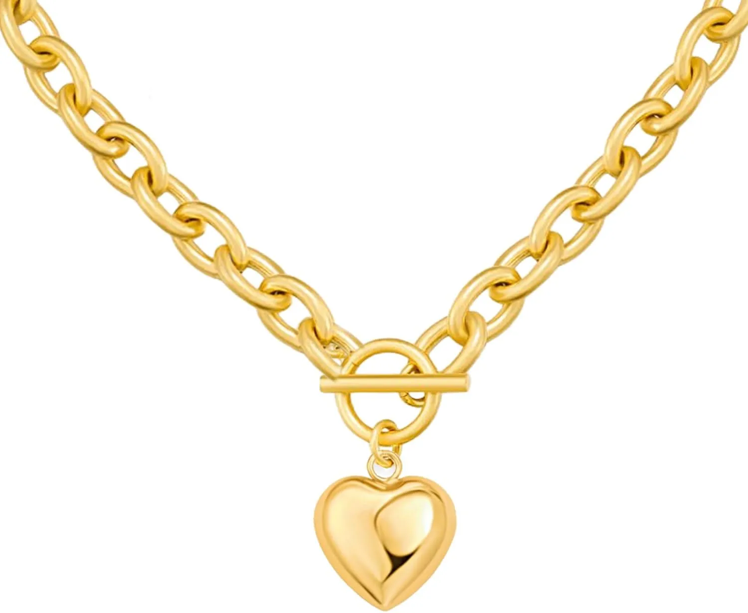 Acun Chunky Plated Heart Toggle Necklace for Women Thick Chain Statement Collar Pendant Vintage Birthday Gifts for Her