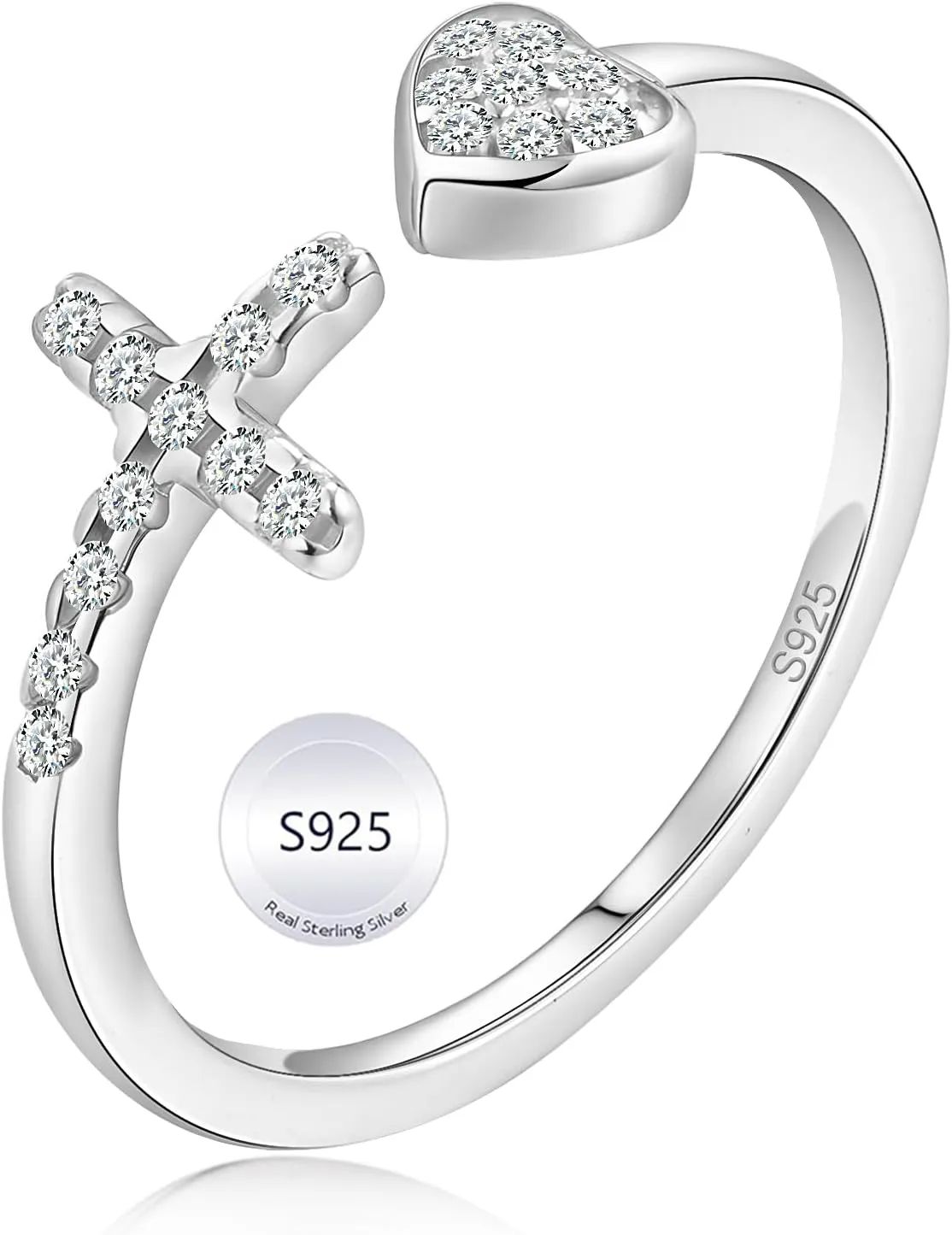 Adjustable Cross Rings for Women - 925 Sterling Silver Christian Rings for Daughter, Dainty Heart Rings, Non-Tarnish Faith Rings for Women & Daughter - Meaningful Easter, Christmas, or Birthday Gift