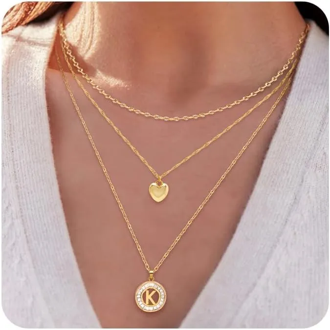 Aisansty Layered Initial Necklaces for Women,Dainty Gold Necklace 16K Real Gold Plated Simple Heart Pendant CZ Diamond Initial Choker Necklace Trendy Gold Layered Necklace for Women