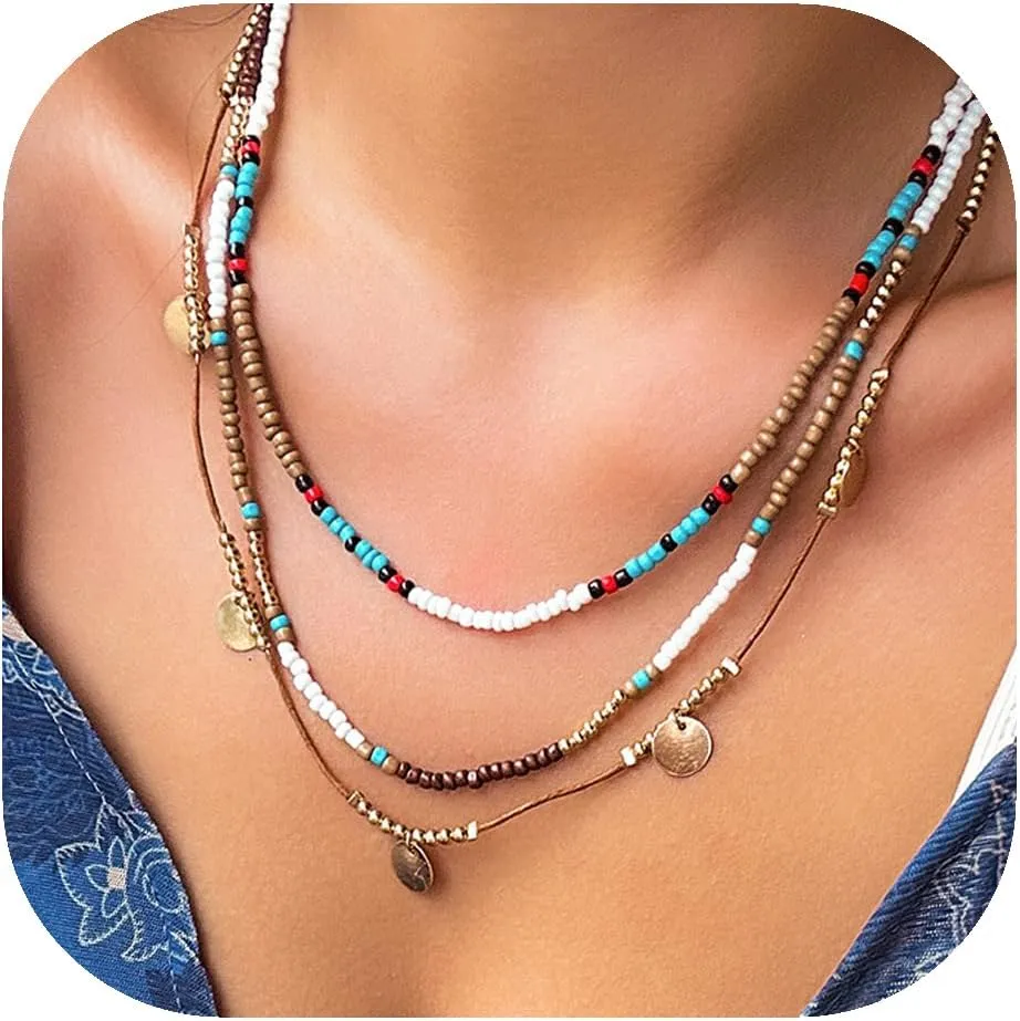 ALEXTINA Boho Beaded Choker Necklace Multi Layered Necklaces for Women Star Necklace Coin Necklace