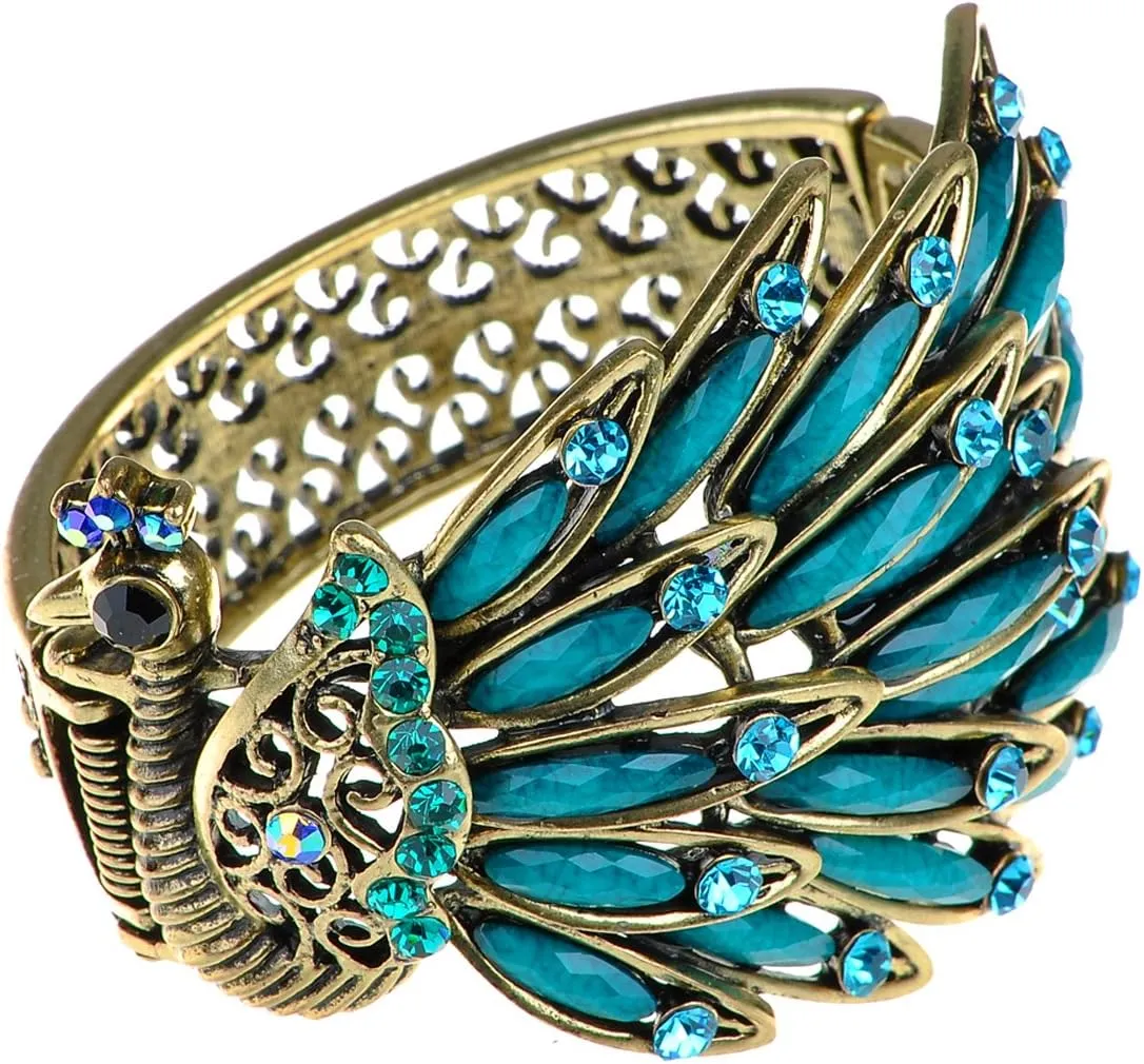Alilang Womens Antique Golden Tone Peacock Bracelet Bangle With Turquoise Blue Gems