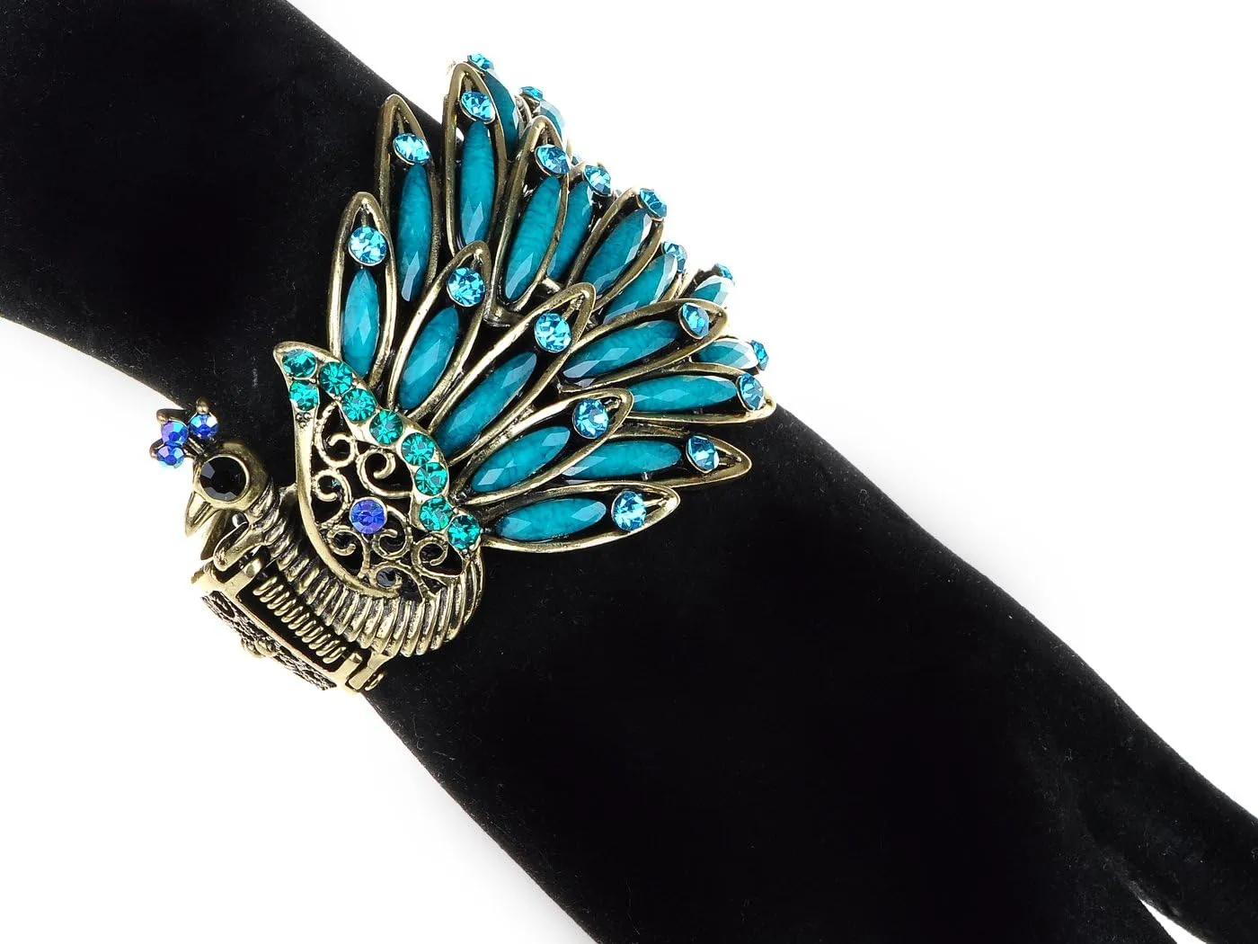 Alilang Womens Antique Golden Tone Peacock Bracelet Bangle With Turquoise Blue Gems