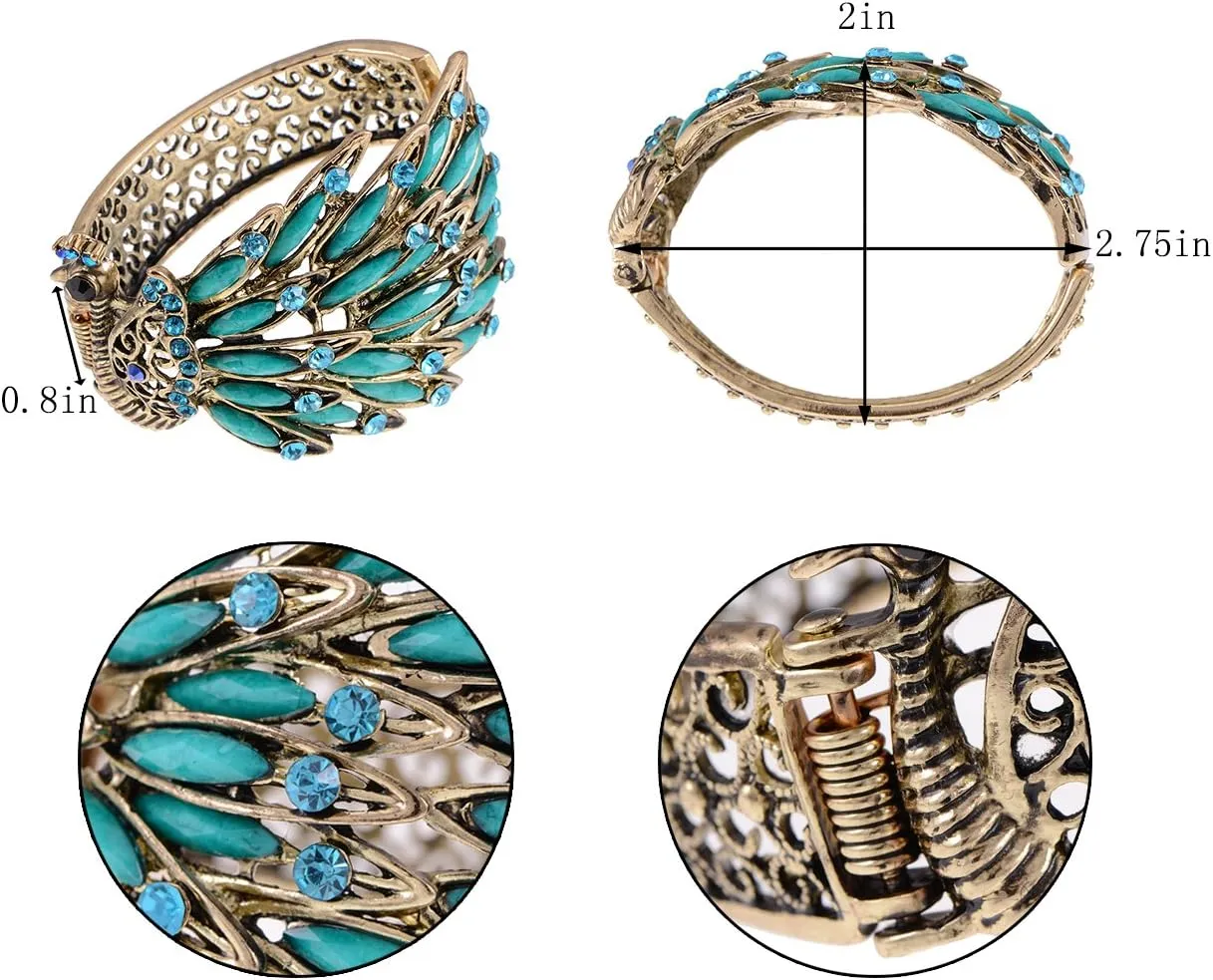 Alilang Womens Antique Golden Tone Peacock Bracelet Bangle With Turquoise Blue Gems