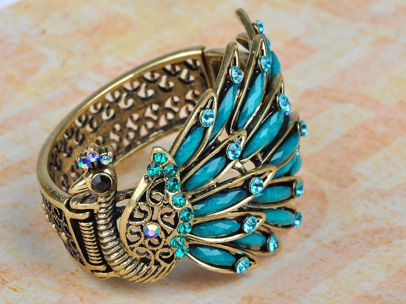 Alilang Womens Antique Golden Tone Peacock Bracelet Bangle With Turquoise Blue Gems