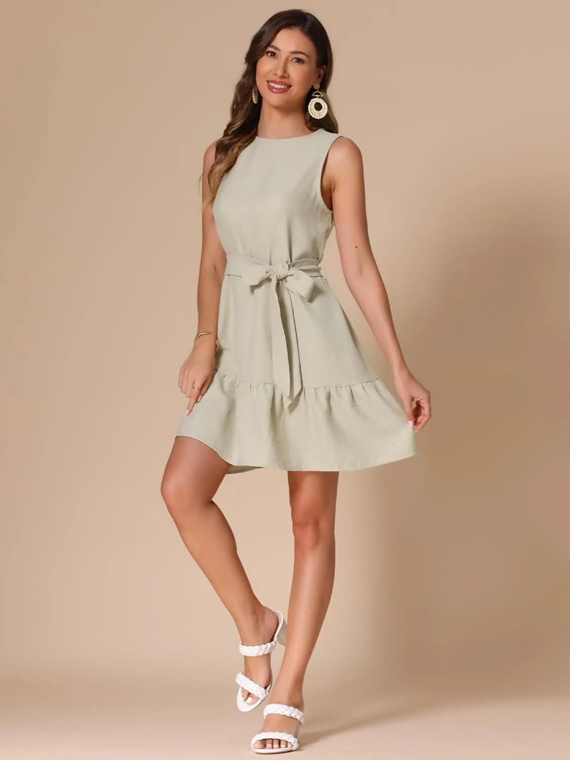 Allegra K Summer Tank Dress for Women Casual Belted Sleeveless Mini Swing Sundress
