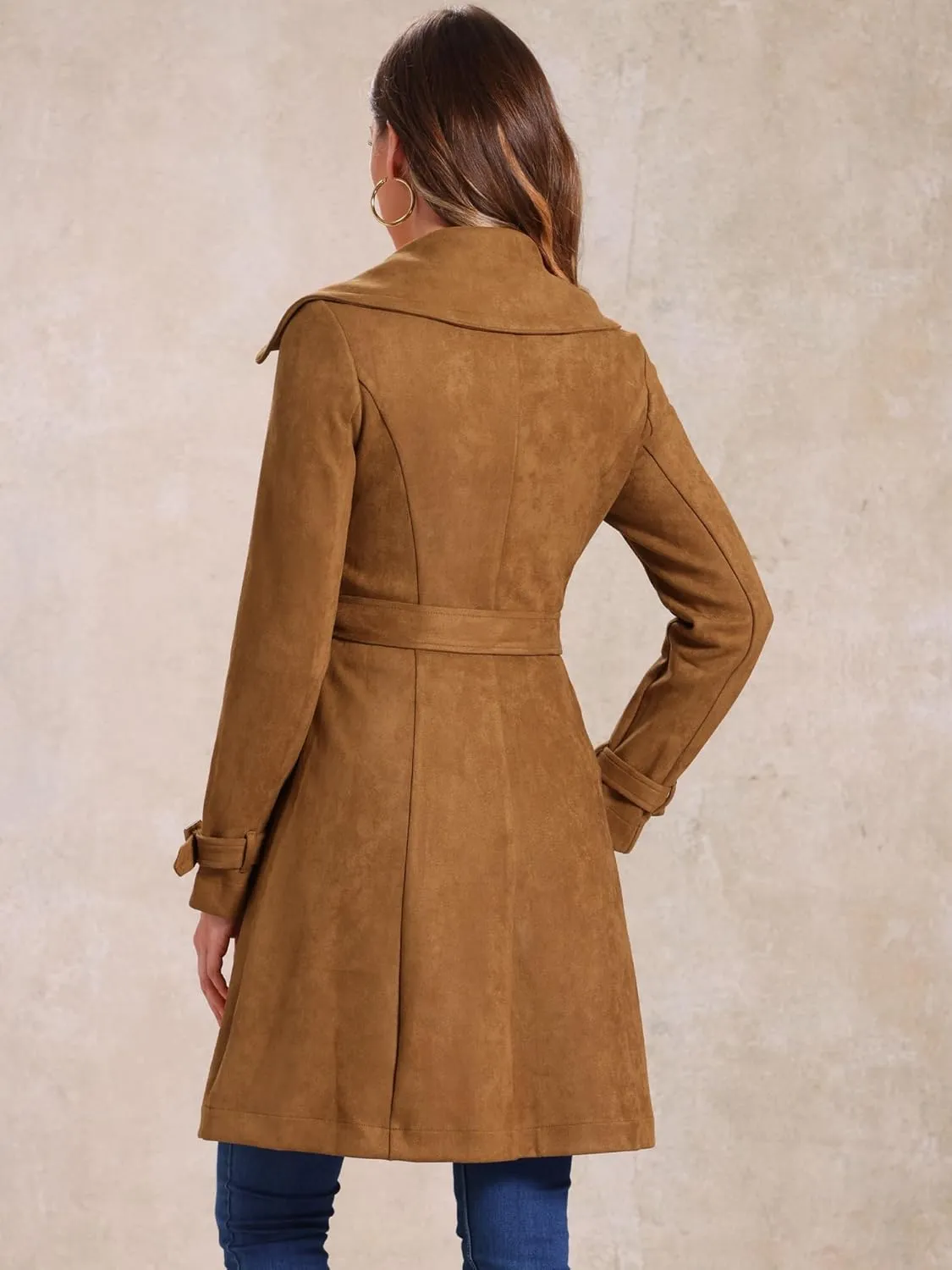 Allegra K Women's Faux Suede Trench Coat Jacket Classic 2023 Fall Winter Double Breasted Overcoat